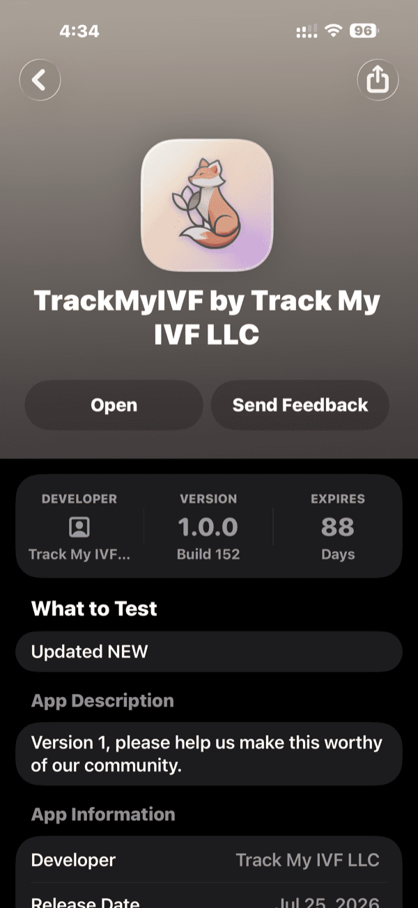 The TrackMyIVF page inside TestFlight, showing the Send Feedback button beside Open
